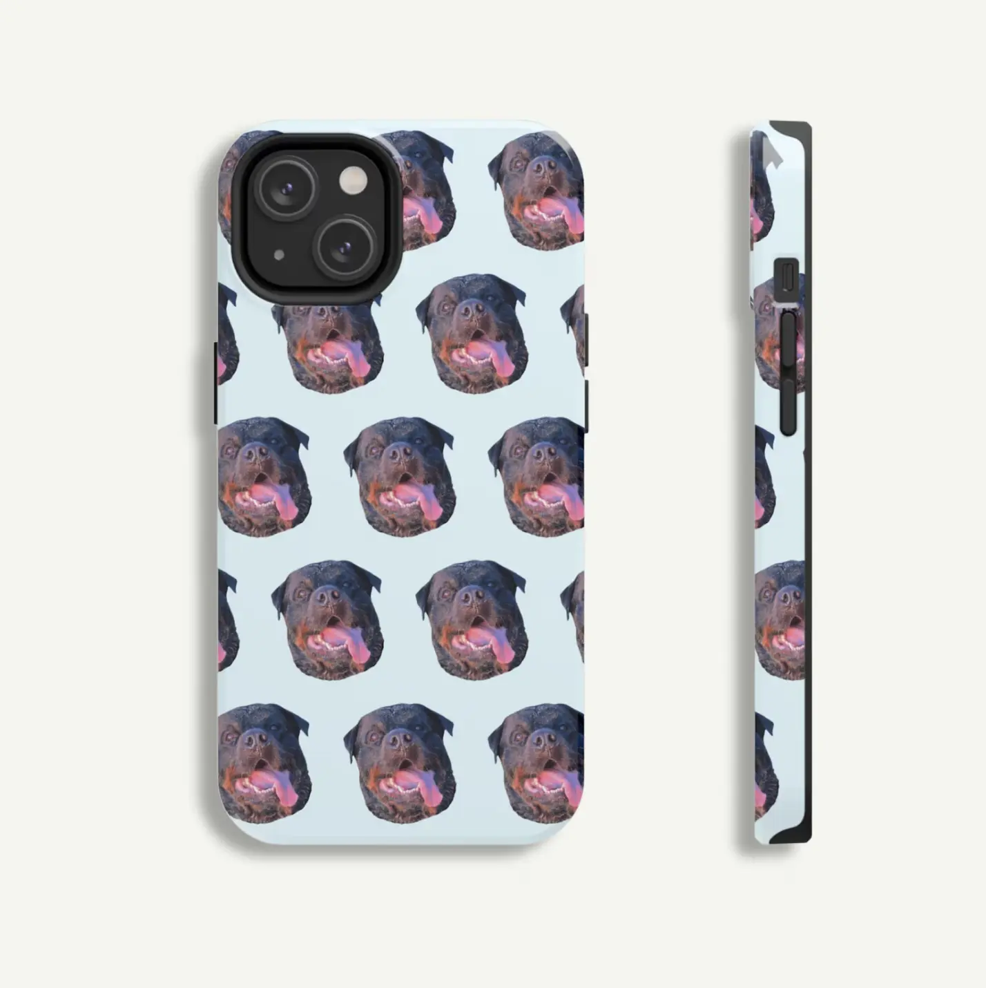 A fully-designed custom phone case with a Rottweiler print on a white background for pet enthusiasts