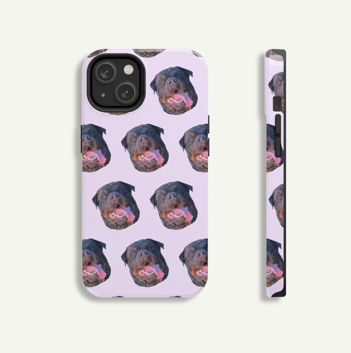 A fully-designed custom phone case with a Rottweiler print on a white background for pet enthusiasts