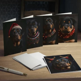 A set of holiday greeting cards on a desk, each featuring a Rottweiler wearing festive Christmas attire.