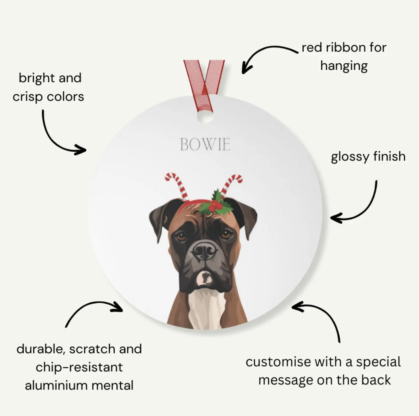 Features of the personalized dog ornament 'Bowie' with red ribbon and glossy finish