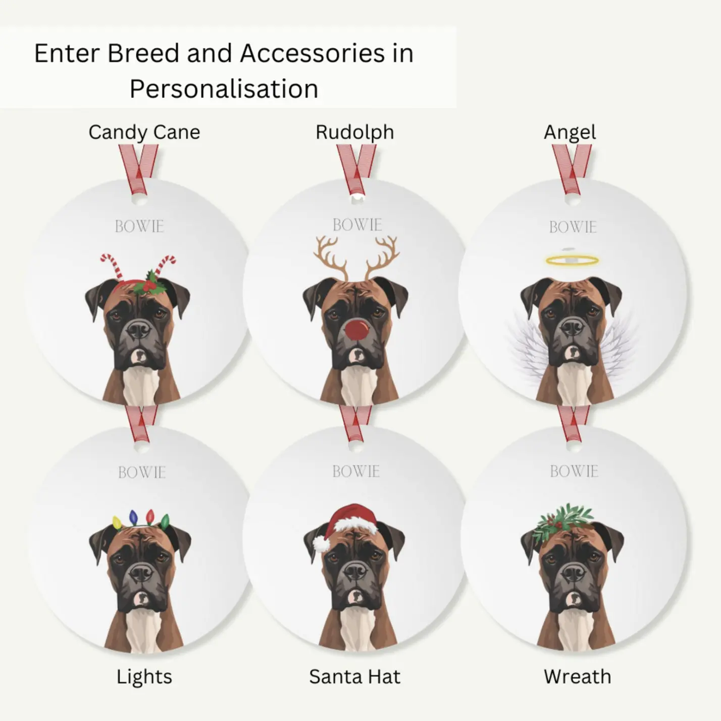 Customizable dog ornaments named 'Bowie' with various Christmas accessories