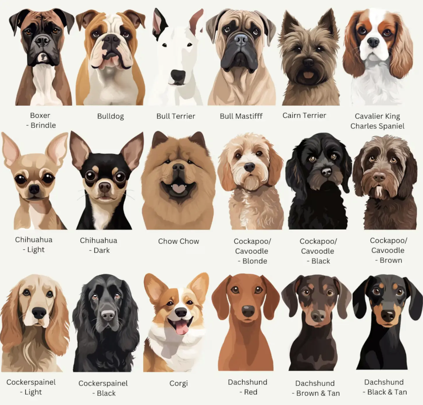 Additional dog breed illustrations for custom ornaments, including Boxer, Bulldog, and more