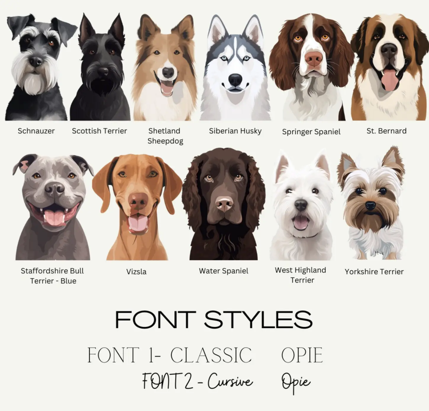 Font style options for personalized dog ornaments, showcasing 'Classic' and 'Cursive'.