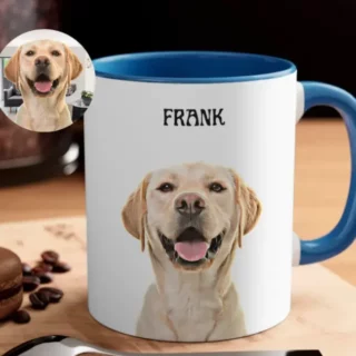 Custom white mug with blue interior and handle featuring a printed portrait of a smiling Labrador named FRANK