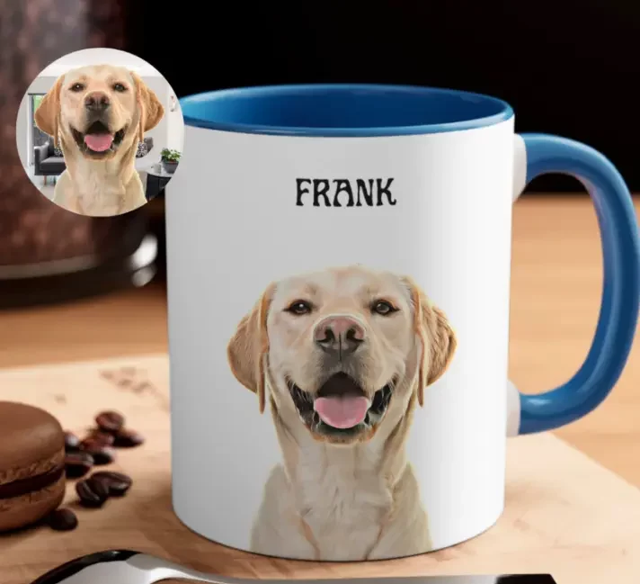 Custom white mug with blue interior and handle featuring a printed portrait of a smiling Labrador named FRANK