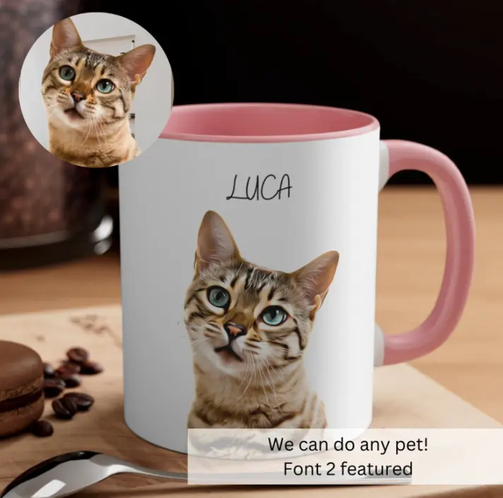 Custom white and pink mug personalized with the name LUCA and the image of a Bengal cat