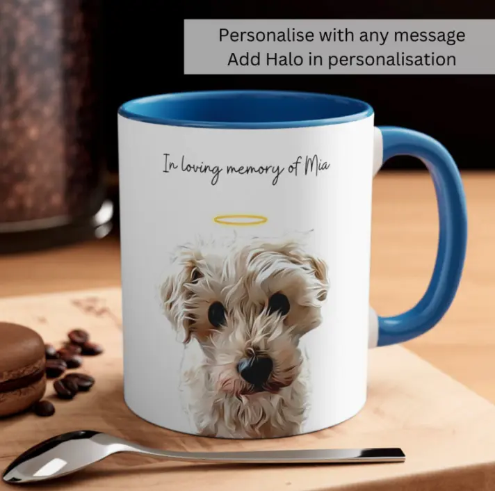 Memorial white mug with blue handle, featuring an angelic illustration of a dog named Mia with a halo