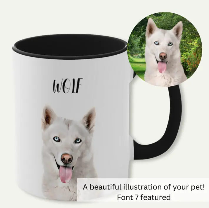 Custom black and white mug with a portrait of a Husky dog named WOLF, with a black handle