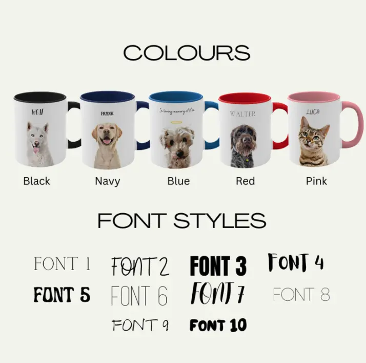 A selection of custom pet mugs in various colors displaying different font styles for personalization