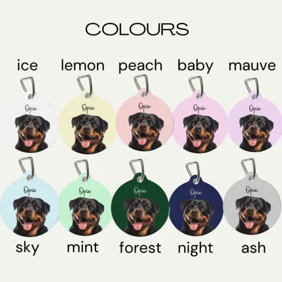 Assorted pet tag colors featuring a Rottweiler named Opie, with options like ice, lemon, and more