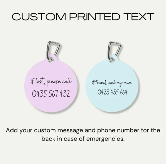 Personalized pet tags with custom text options in pastel colors for emergency contact information